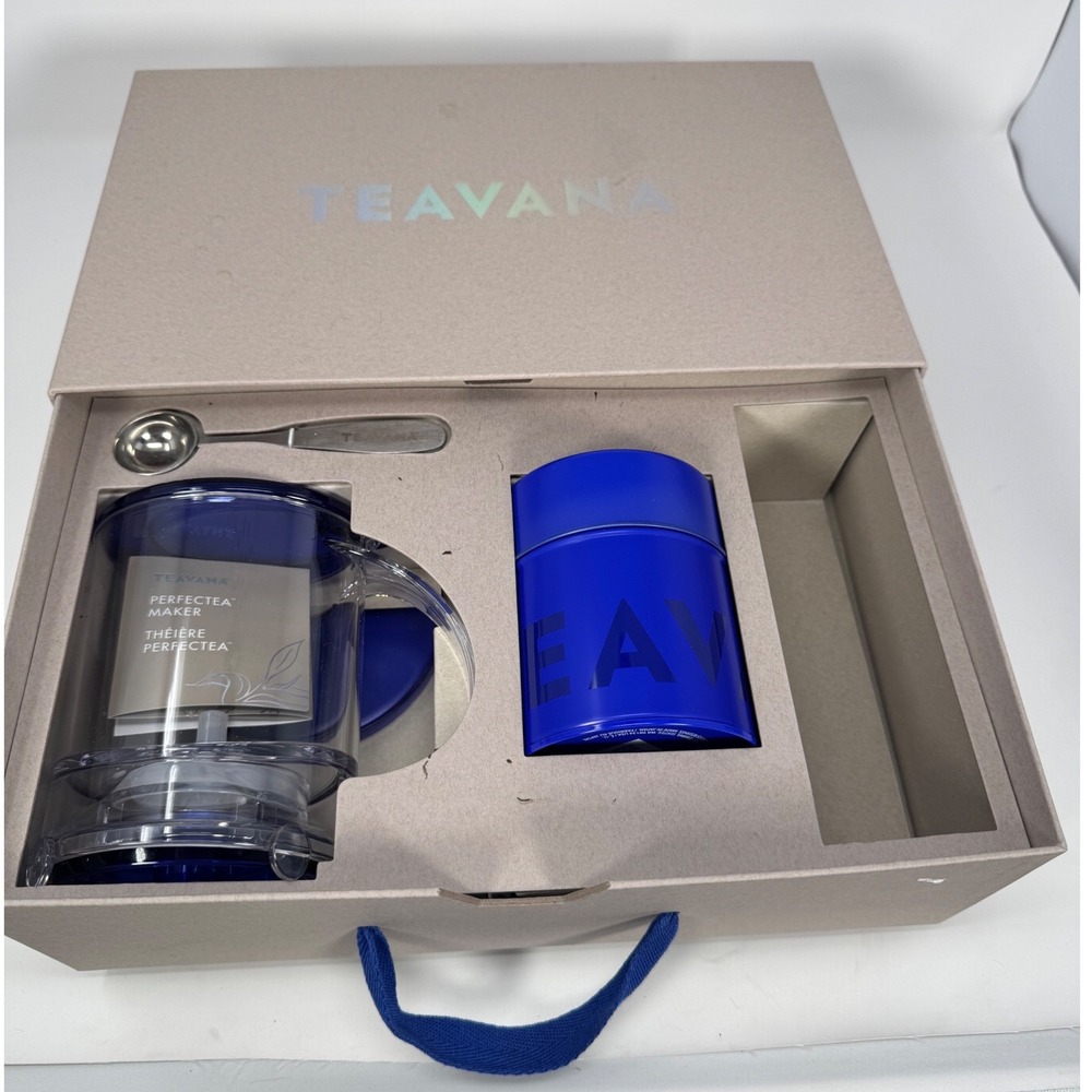 Teavana Perfectea Maker Gift Set Blue Brewer Tea Tin and Measuring Spoon NIB - Picture 2 of 6